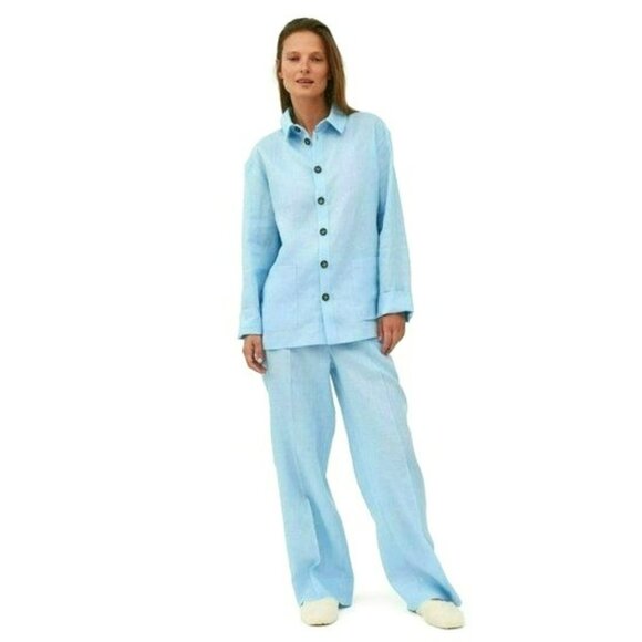 Sleeper Azure Linen Pajama Button Top & Pants Set Blue One Size Med-XL
